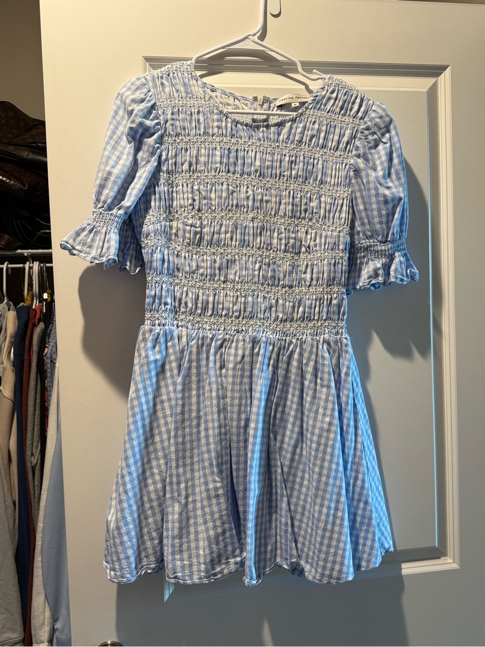 English Factory Light Blue Gingham Smocked Dress
